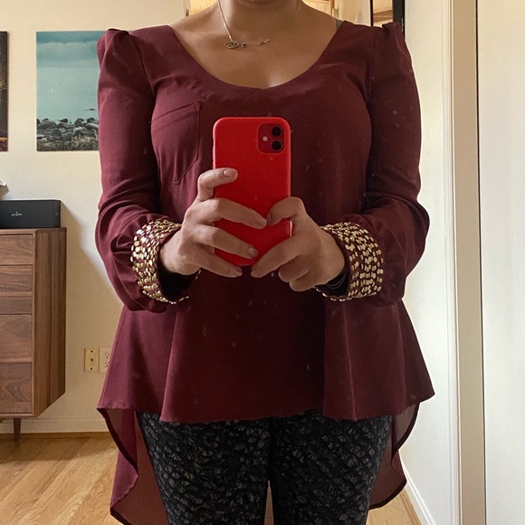 Asymmetric maroon blouse w embellished cuffs - Medium - Picture 5 of 9
